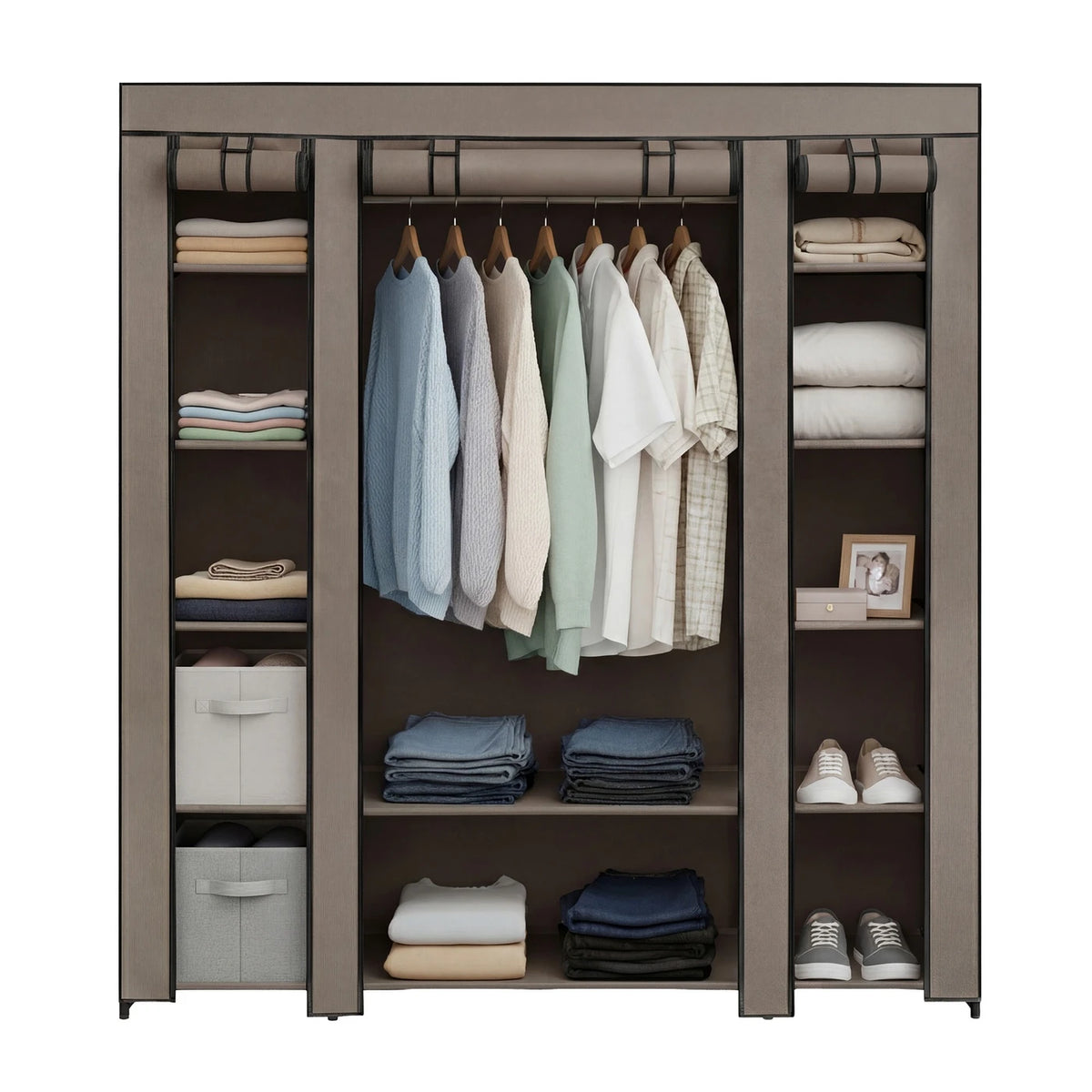 Ochama Kleiderschrank, tragbarer Kleiderschrank für das Schlafzimmer, Kleiderstange mit Stoffbezug, Aufbewahrungssystem für Kleidung, 150 x 45 x 175 cm, Taupe
