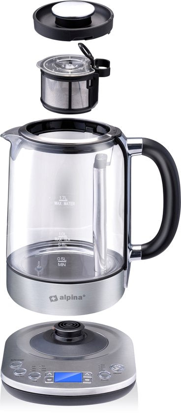 alpina Wasserkocher mit Teekorb - 1,7 L - 2200 W - Wasserkocher - Teezubereiter - Wasserkocher - Warmhaltefunktion - Trockengehschutz - Digitalanzeige - Edelstahl - Glas