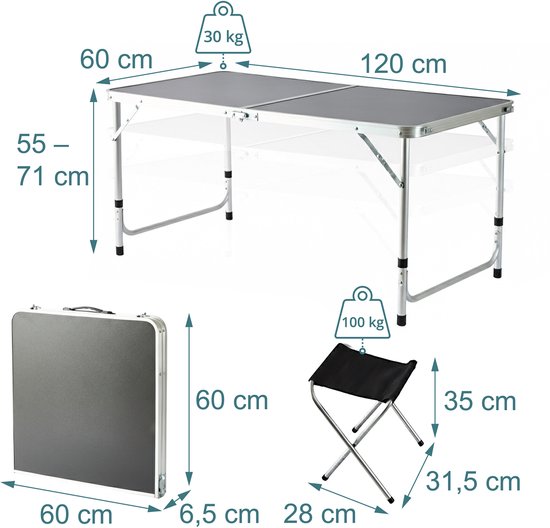 Campingtisch – mit 4 Stühlen – zusammenklappbar – höhenverstellbar – schwarz