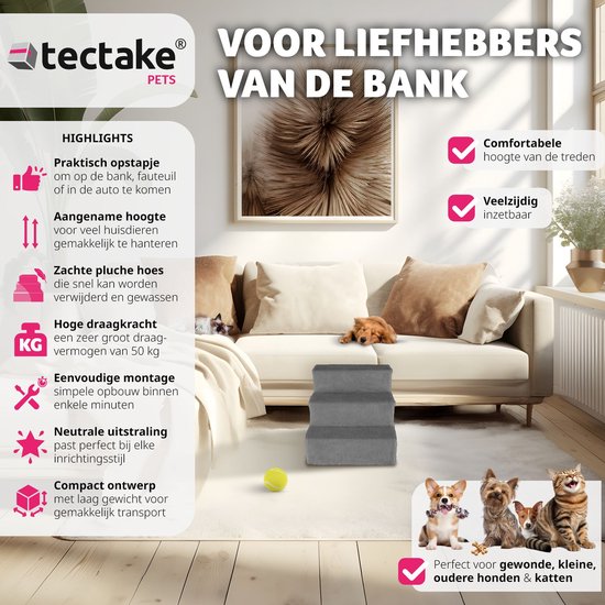 tectake Hundetreppe oder Katzentreppe, Haustiertreppe, Einstiegshilfe mit waschbarem Bezug, extra flache Treppe, Haustiertreppe für Sofa, Bett oder Auto (grau, 37 x 45 x 34,5 cm)