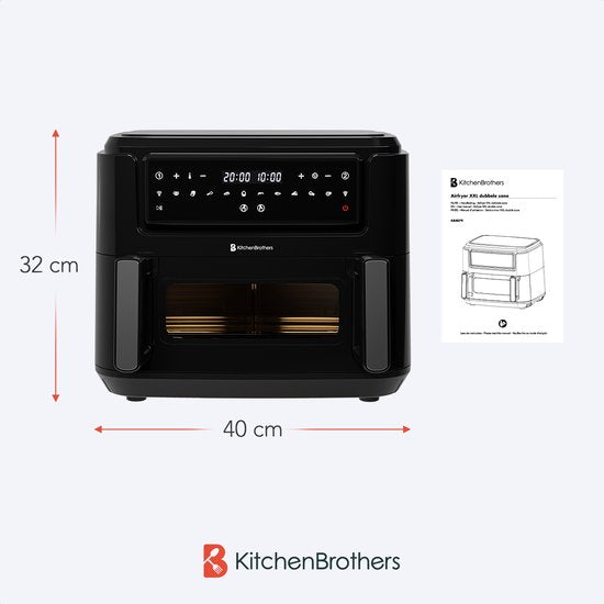KitchenBrothers Airfryer XXL Dual Zone - 9L - 2400W - Heißluftfritteuse - Snack-Teiler - 50ºC bis 200ºC - 10 Kochprogramme - Schwarz