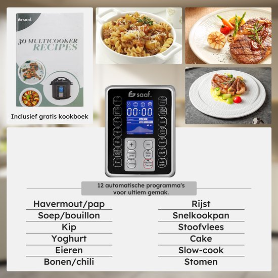Multikocher - 11-teiliges Set - 6L - 12 automatische Programme - Langsamkocher, Reiskocher, Dampfgarer, Schnellkochtopf - Grau - von Saaf