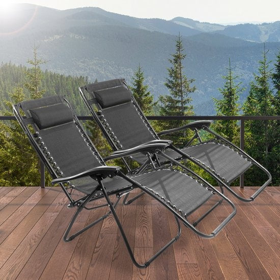LifeGoods Faltbare Gartenstühle - mit Sonnendach - Verstellbarer Sonnenschirm - 2 Stück - 30Â°-90Â° verstellbar - Metall - Schwarz