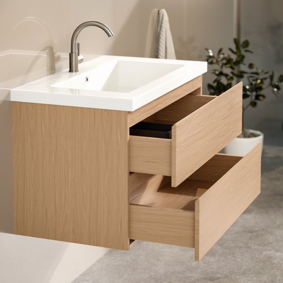 Mirlux Badezimmerschrank in heller Eiche, 80 cm – Waschbecken in Weiß – Badezimmerschrank-Set – Waschbeckenunterschrank in heller Eiche