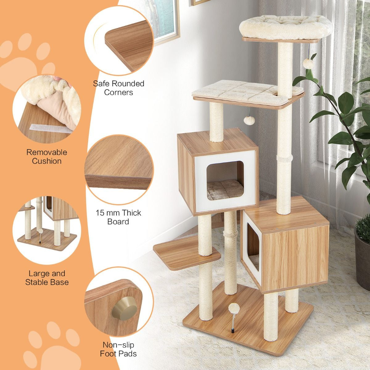 Kratzbaum Holz 163 cm 6 Etagen Großer Kratzbaum Kratzbaum Kletterbaum Beige + Natur