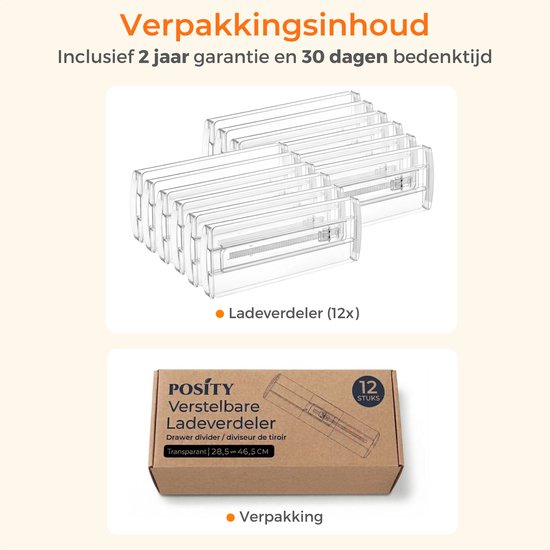 Posity Schubladenteiler - Verstellbar & ausziehbar - 12 Stück - Schubladenorganisation - Für Küche, Schlafzimmer & Kleidung - Kunststoff - Transparent