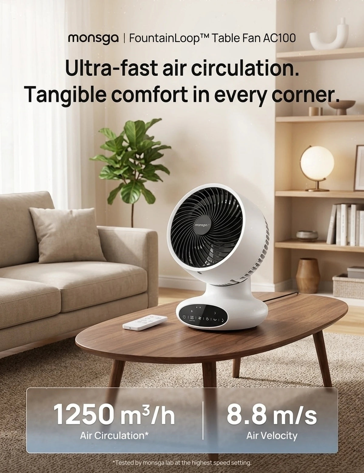 MONSGA AC100 Luftzirkulator – Ultra leise 25 dB – 5 Stufen – Timer & Schlafmodus