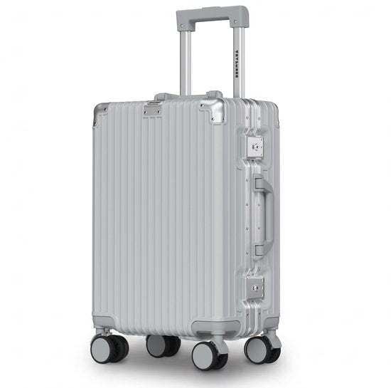 TRVLMORE Premium-Handgepäckkoffer – 54 x 35 x 22 cm – 360°-Drehrollen – Doppeltes TSA-Zahlenschloss – Polycarbonat – Ohne Reißverschluss – 40 Liter – Silber