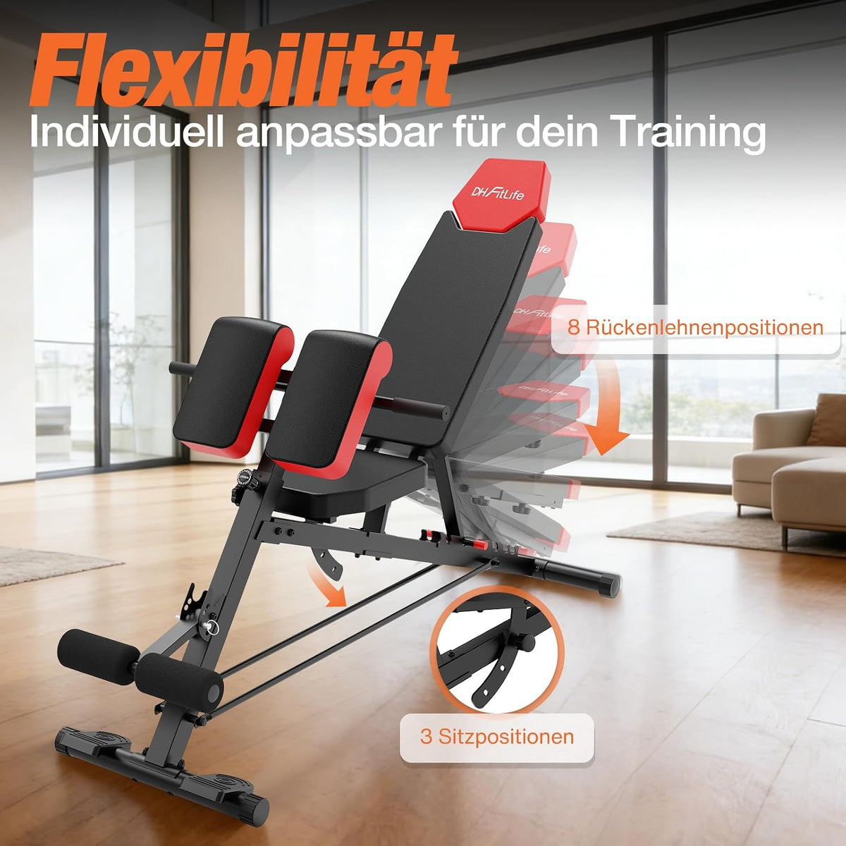 DH FitLife 6-in-1-Hantelbank – Verstellbare Rückenlehne – Hyperextension & Nordic Curl – Bis zu 350 kg – 163 x 50 x 130 cm – Schwarz