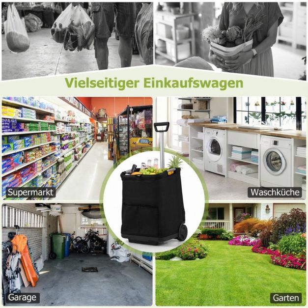 Coast Shopping Trolley Schwarz - faltbarer 50L Einkaufswagen mit 3 Fächern und verstellbarem Griff - 40 x 36 x 58/90 cm