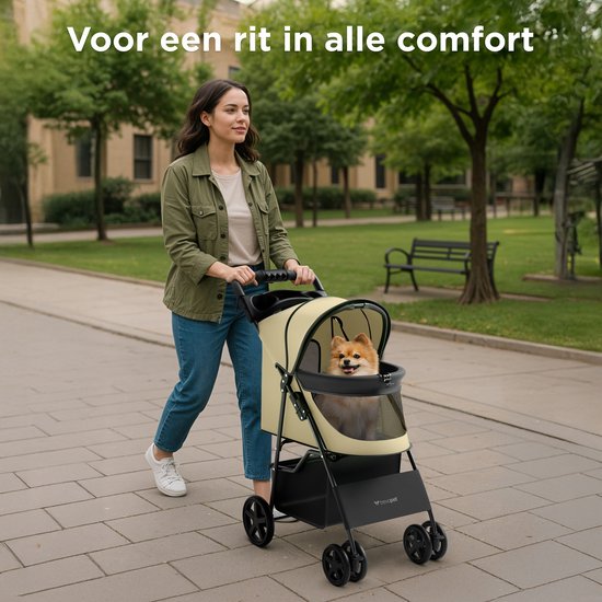 TrevoPet® Zusammenklappbarer Hundekinderwagen - Für kleine und mittelgroße Hunde bis 15 kg - Kinderwagen mit Becherhalterung und großem Aufbewahrungskorb - Beige