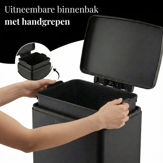 Bayt Mülleimer - Mülleimer 60 Liter - Treteimer 60 Liter - Abfalleimer - Inklusive 2 Rollen Müllbeutel - Edelstahl - Schwarz