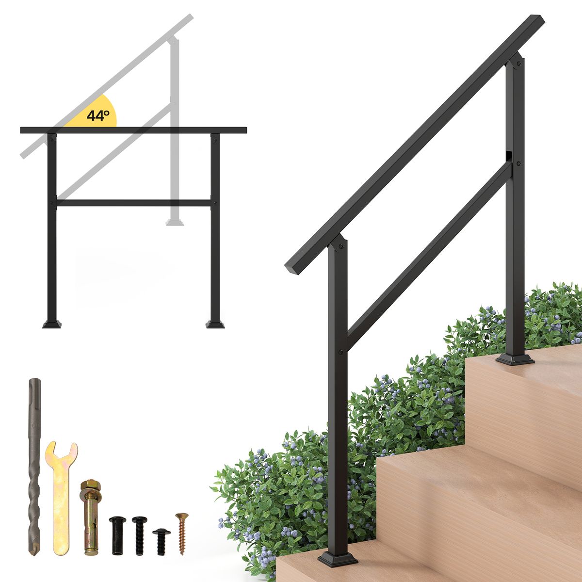 Coast Metall-Treppengeländer für den Außenbereich – verstellbarer Winkel 44° – 150 kg Tragkraft – Schwarz