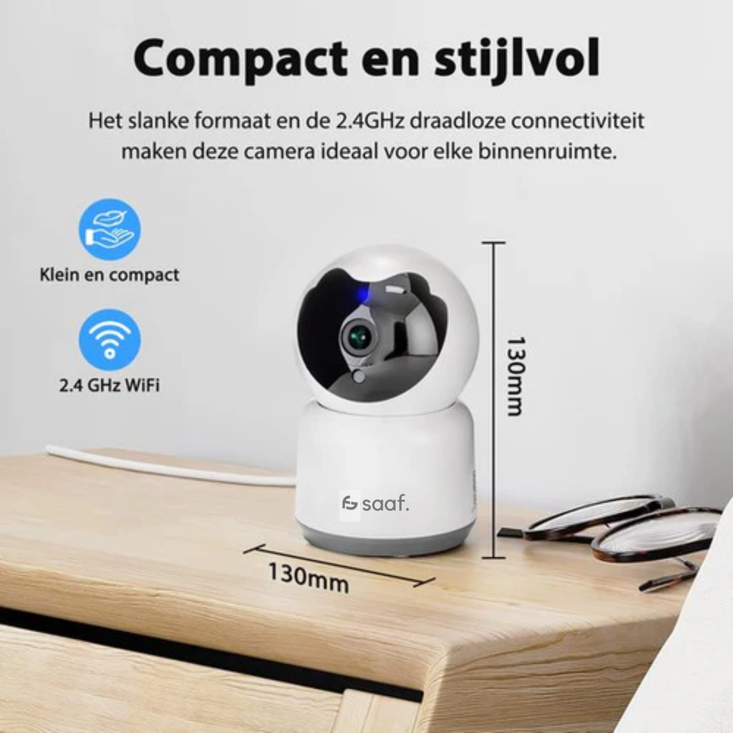 SAAF Sicherheitskamera - Für Innenräume - Mit Nachtsicht - Wifi und 64GB SD - Full HD - Tuya Smart - Weiß