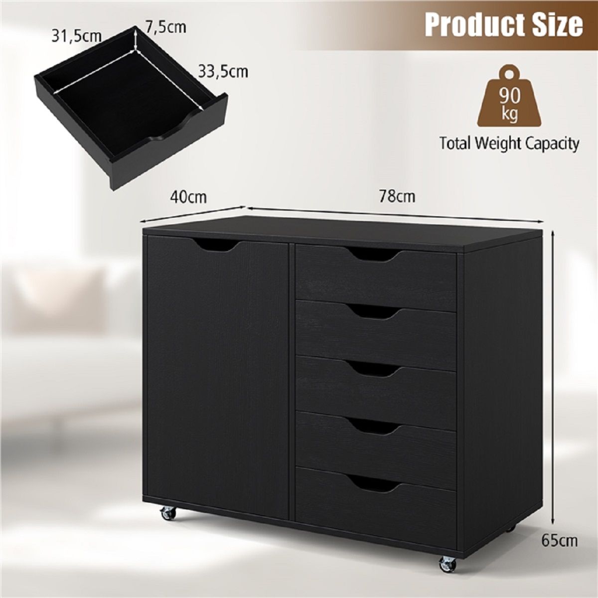 Coast Rollcontainer mit 5 Schubladen – Türschrank – Arbeitsplatte – Schwarz – 79 x 39 x 65 cm
