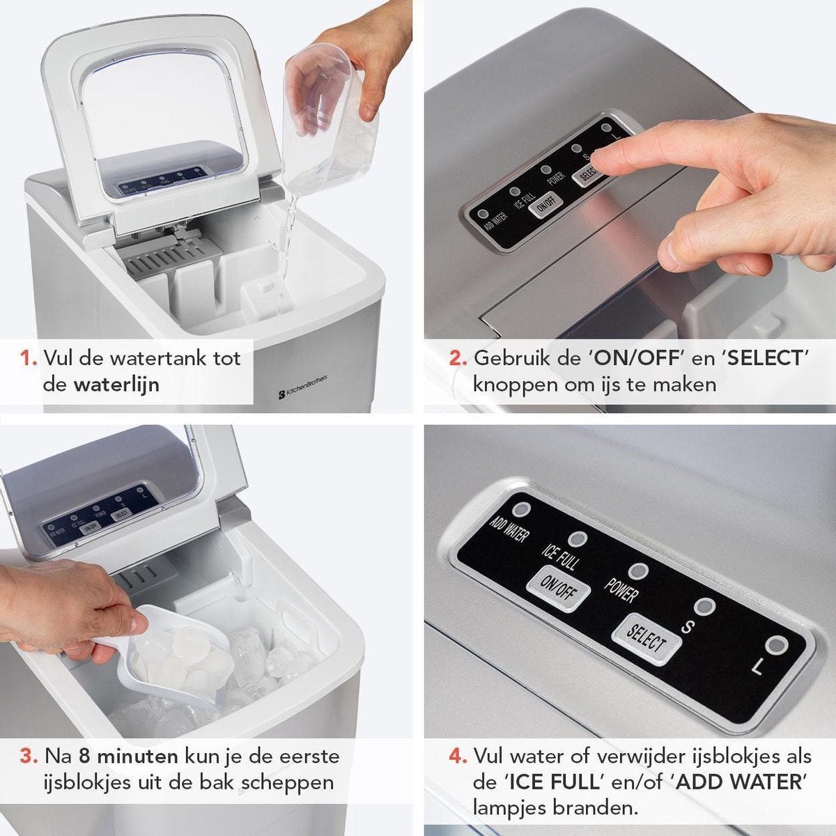 KitchenBrothers - Eiswürfelmaschine - 2 Liter - 6-8 Min. - 12kg/24h - mit Eisportionierer - Silber