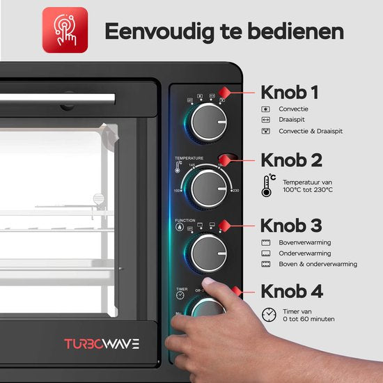 TurboTronic - EV45 Freistehender Backofen - 45 Liter Fassungsvermögen - 2000W Leistung - Heißluft- & Rotisserie-Funktion - 100-230°C - Schwarzer Edelstahl