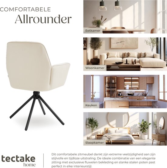tectake® Drehstuhl Lenia - 2er-Set Drehstühle mit Armlehne - Esstischdrehstuhl - Drehsessel - gepolstert - Samtoptik Creme/Schwarz
