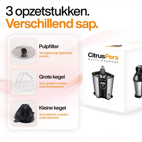 MATTI® – Elektrische Zitruspresse – Zitruspresse – Zitronenpresse – Orangenpresse – 160 W, Edelstahl, Presshebel – 18.000 U/min