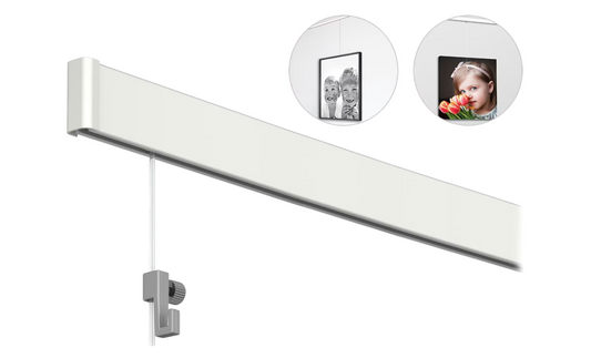 Artiteq Click Rail Foto- und Gemäldebefestigungssystem – 12 Meter Schienen – 8 x 150 cm – weiße Grundierung – inklusive Perlon-Fäden und Haken – Wandmontagesystem