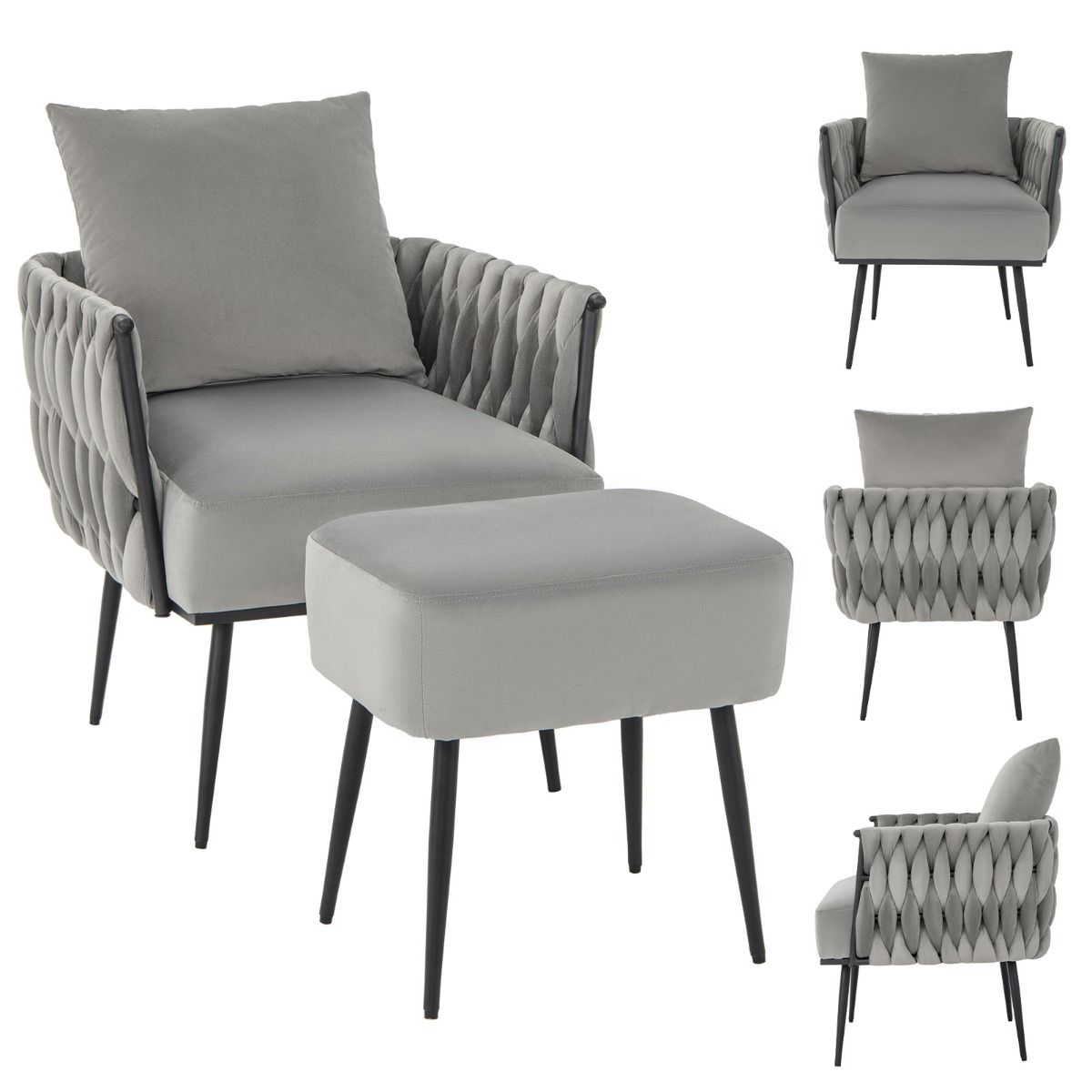 coast Modern Dutch Velvet Side Chair and Footstool Set - Grau - 66x65x80 cm | 46x35x45,5 cm
