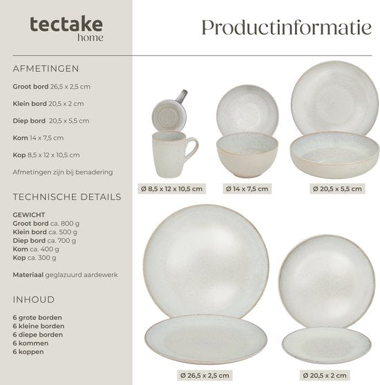 tectake® Geschirrset Mare – 30-teilig – Steingut mit glänzender Glasur - Für 6 Personen - Handgefertigtes Geschirr - Modernes Tellerset mit großen und kleinen Tellern, Schüsseln, Schälchen und Tassen - Spülmaschinen- und mikrowellengeeignet - Sandfarben