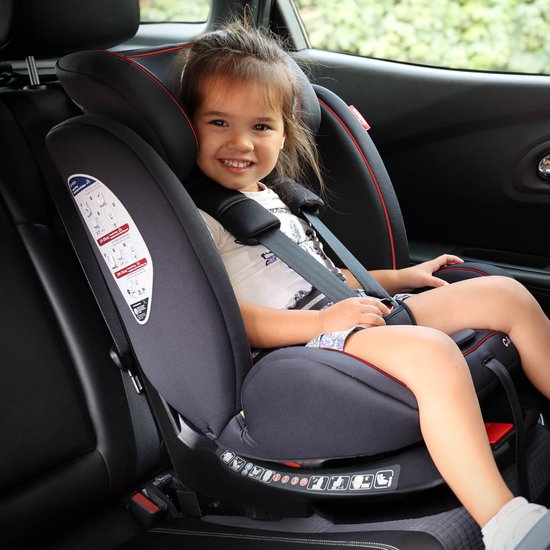 Carkids i-Size-Kindersitz Darcy – Entspricht der Norm i-Size R-129 - Um 360° drehbar - Für Kinder von 40 bis 150 cm - Isofix- und Top-Tether-Befestigung - Verstellbare Kopfstütze und Rückenlehne – Schwarz/Rot