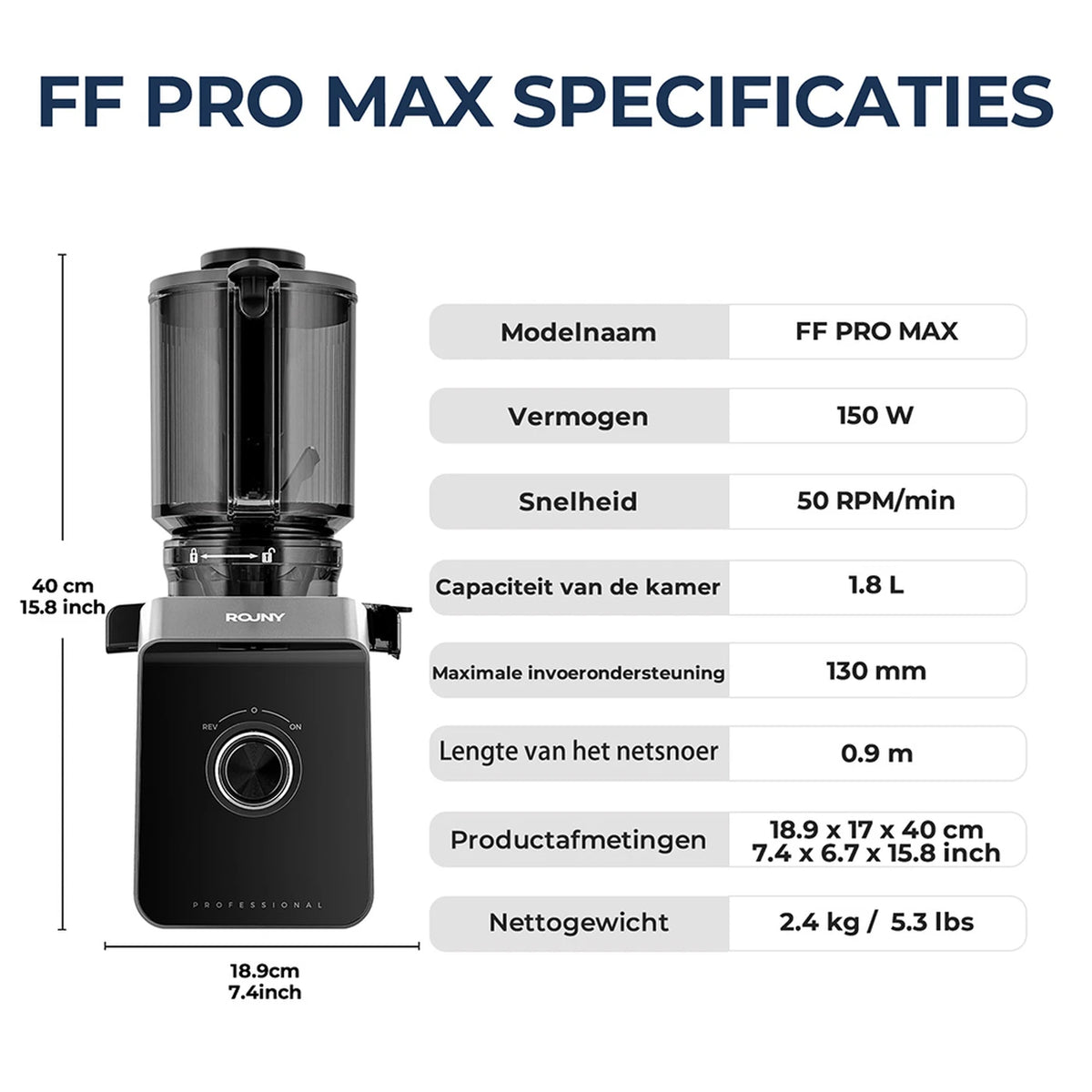 Rouny Slow Juicer FF Pro Max – 150 W Kaltpress-Entsafter – 130 mm Einfüllöffnung – Filterfrei – Fruchteis-Funktion – 1,8 l – Schwarz