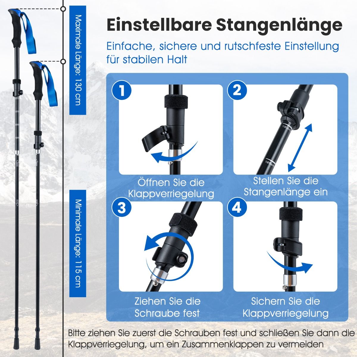 Coast Klappbare Gehstöcke – mit Schnellverschluss – verstellbar von 166 bis 195 cm – blau