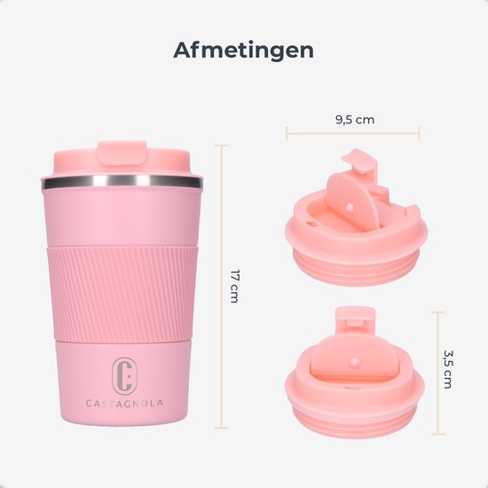 Castagnola Thermos Cup - Kaffeebecher To Go - Reisebecher für Kaffee und Tee - Teebecher - 380 ML - Edelstahl - Pink
