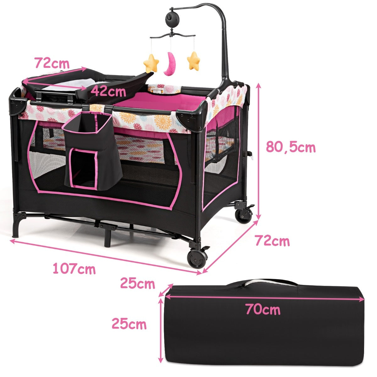 Coast Babybett 4 in 1 klappbares Reisebett und Beistellbett & Kommentar und Laufstall schwarz+rosa