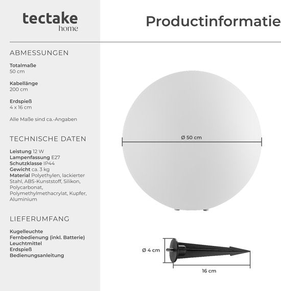 tectake® Garden Bulb - Ø50 cm - Kugelförmige LED-Lampe für den Außenbereich mit Fernbedienung - 16 Farben und 5 Lichtmodi - Wetterfeste Gartenbeleuchtung - Partydekoration - Gartendekoration - Inklusive Leuchtmittel - Glühbirne - Glühbirnen für den Außenb