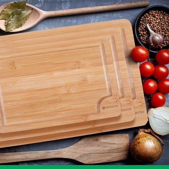 Rochester Schneidebretter Holz - Trinkbrett - Servierbrett - 3-teilig - Bio-Bambus - Luxuriöses Design - Hygienisch und langlebig