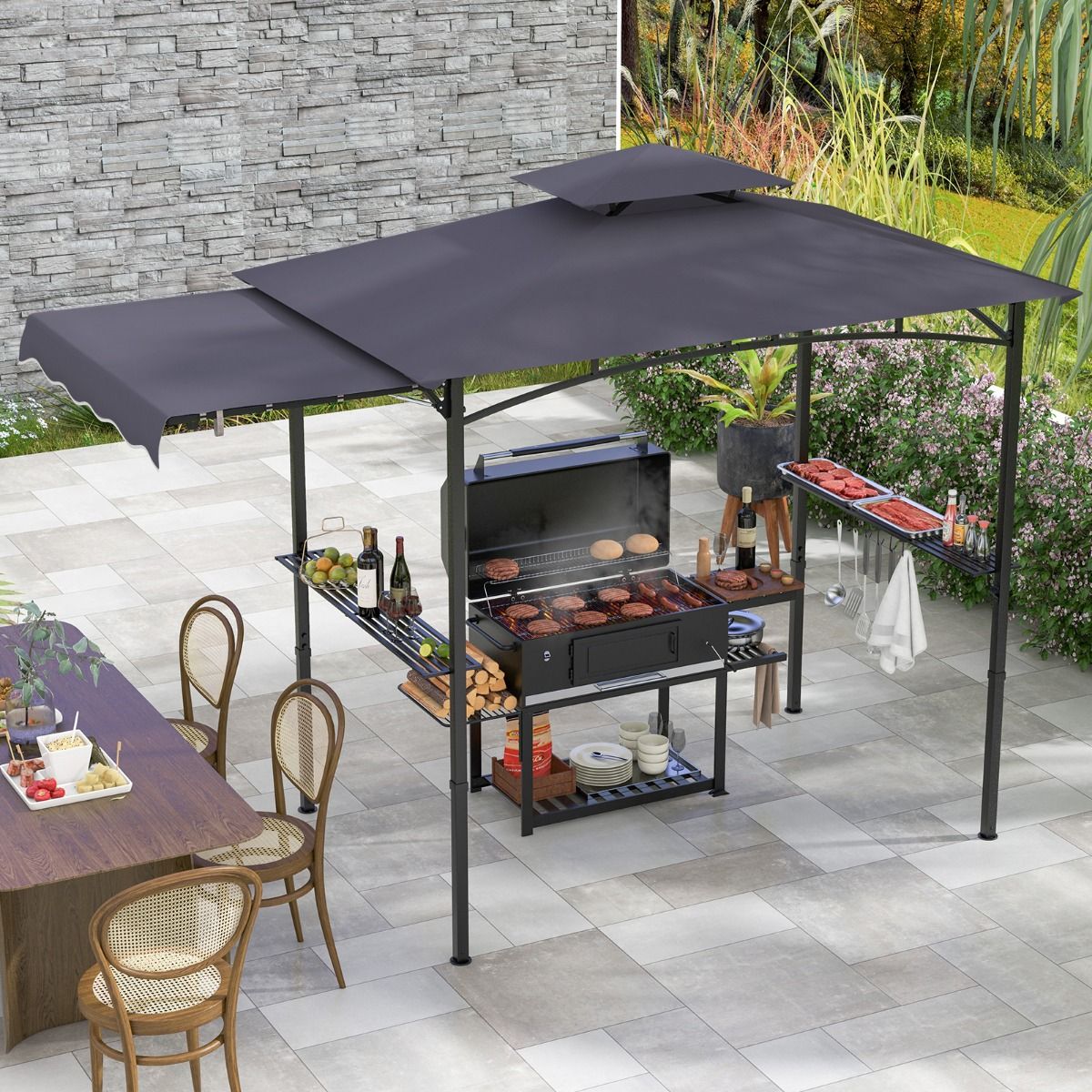 Coast Grillpavillon mit Seitenmarkise und Doppeldach 318 x 153 x 250 cm Dunkelgrau - Inklusive Seitenablagen und Haken