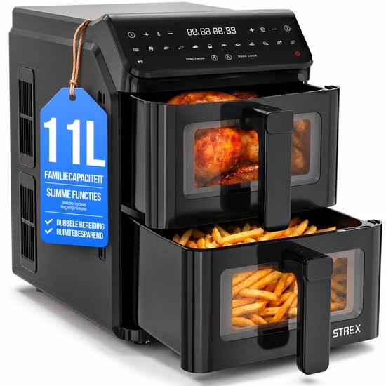 Strex Airfryer mit zwei Körben, 11 l, XXL-Heißluftfritteuse, 2500 W – Airfryer mit 2 Körben – Dual Basket – 13 Kochprogramme – Große vertikale Airfryer für die ganze Familie