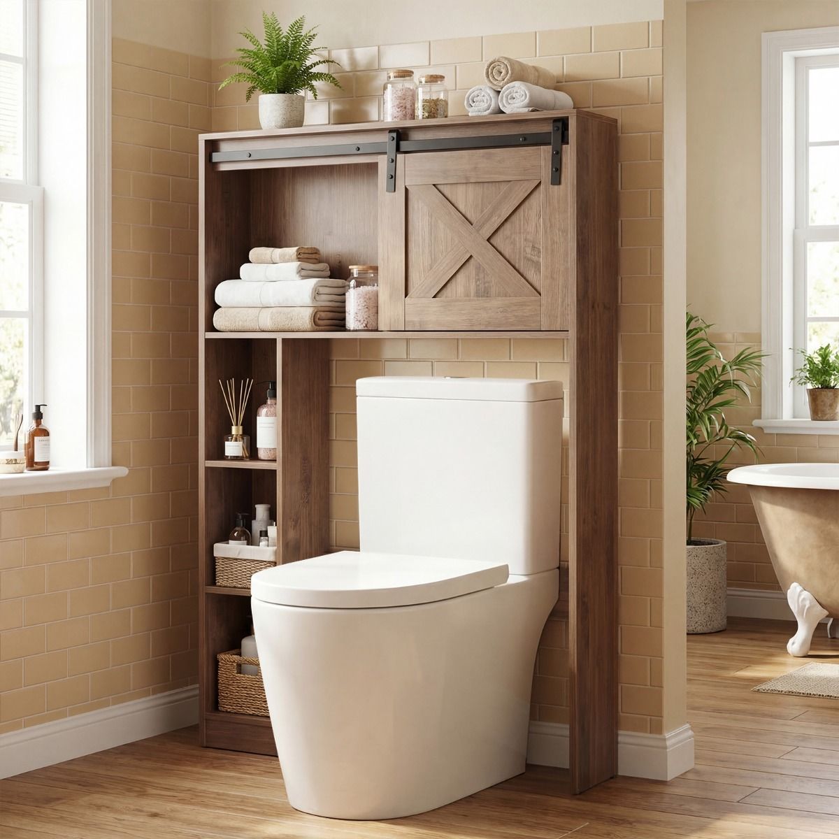 Coast Toilettenschrank mit Schiebetür – freistehendes Badezimmerregal – Holz und MDF – dunkelbraun – 84 x 17 x 128 cm