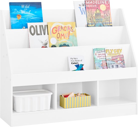 SoBuy Montessori KMB118-W Bücherregal für Kinder, Kinderregal mit 3 Ablagefächern und Spielzeugregal, Kinderzimmer, Bücherregal und Spielzeugregal, weiß, 100 x 80 x 30 cm