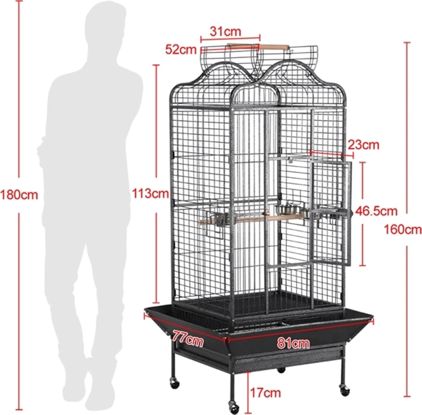 Yaheetech Vogelkäfig Papageienkäfig - 81 x 77 x 154-160 cm - Ausgestattet mit klappbarem viktorianischem Dach und Schmutzsammler und mobilem Sockel - Für Papageien und große Vögel - Schwarz gehämmertes Metall
