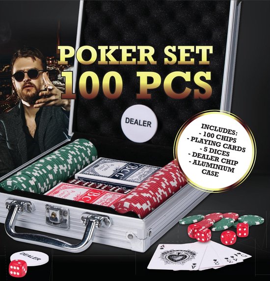 Pokerset im Aluminiumkoffer - 100 Pokerchips - Spielkarten - 5 Würfel - Dealer-Chip