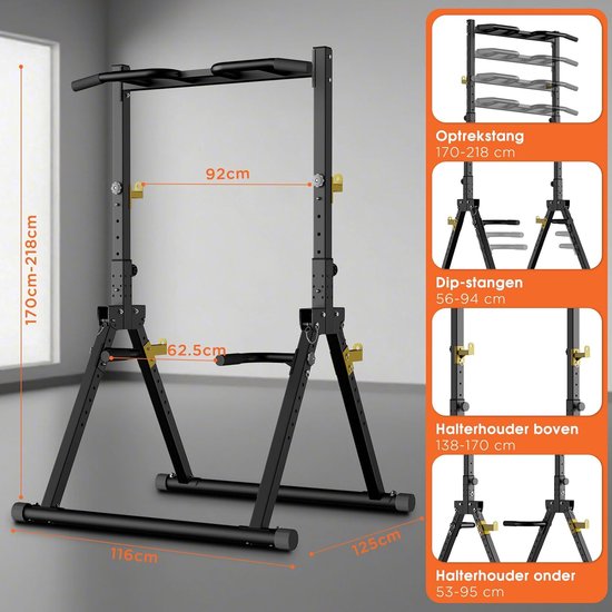 DH FitLife Foldable Power Tower Dip Station | Freistehende Klimmzugstange bis 150 kg mit Dipstangen und Langhantelauflagen | Kraftstation Power Tower | Fitness Station