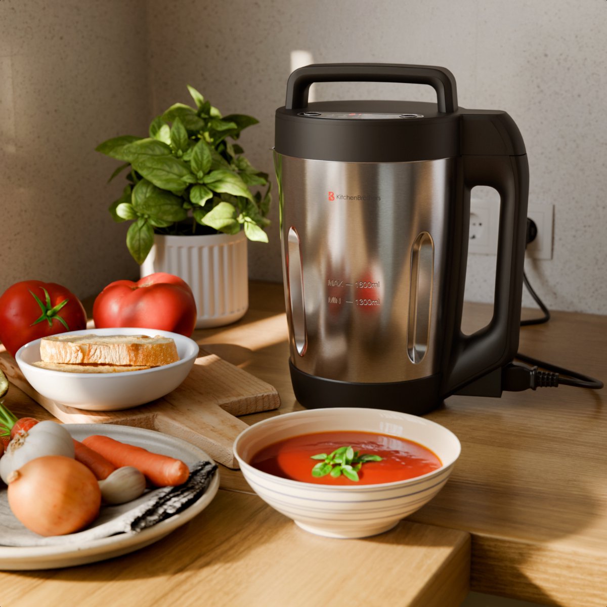 KitchenBrothers Suppenschöpfer - 2L - 5 Programme - Timeranzeige - Mixer - Edelstahl/Schwarz