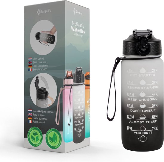 Supplife Motivations-Trinkflasche – 600 ml Trinkflasche – Trinkflasche mit Zeitangabe – Mit Strohhalm – Erwachsene – Kinder – Weiß, Schwarz