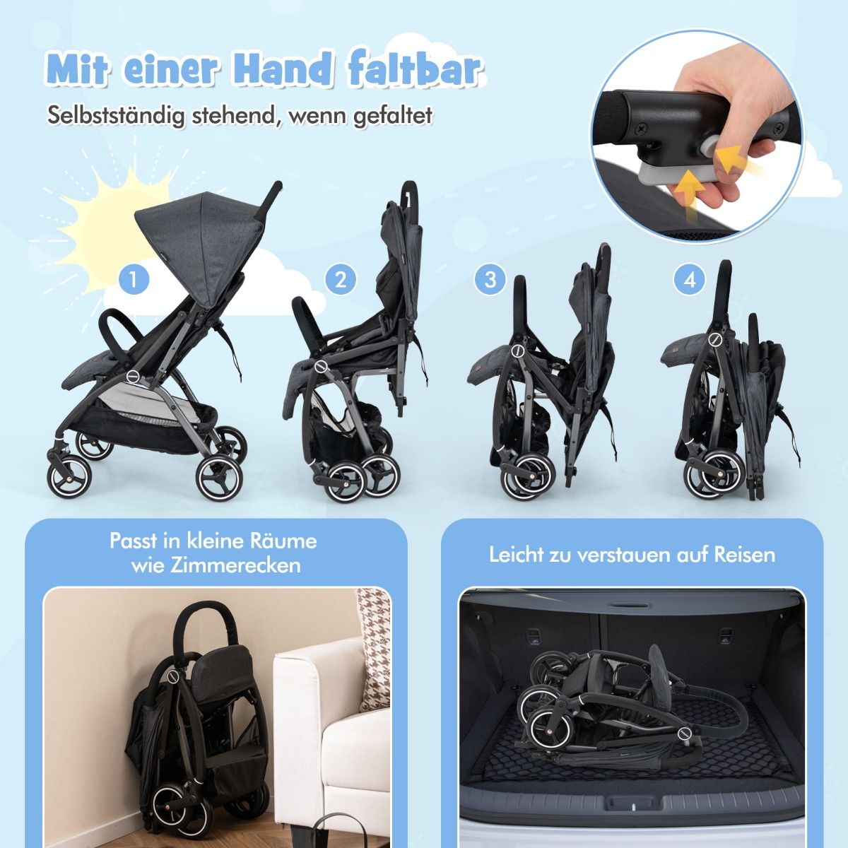 Coast Kinderwagen – leicht und zusammenklappbar – verstellbare Rückenlehne und Sonnendach – grau