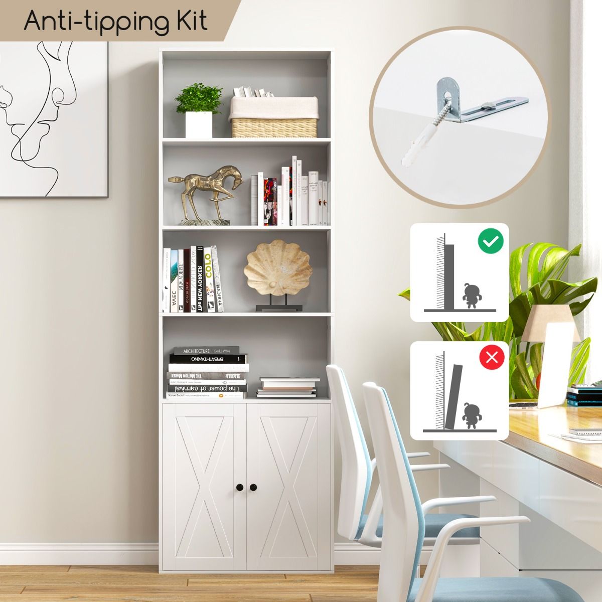 Coast Freistehendes Bücherregal - 6 Fachböden - 2 Türen - 60 x 24 x 180 cm - Weiß