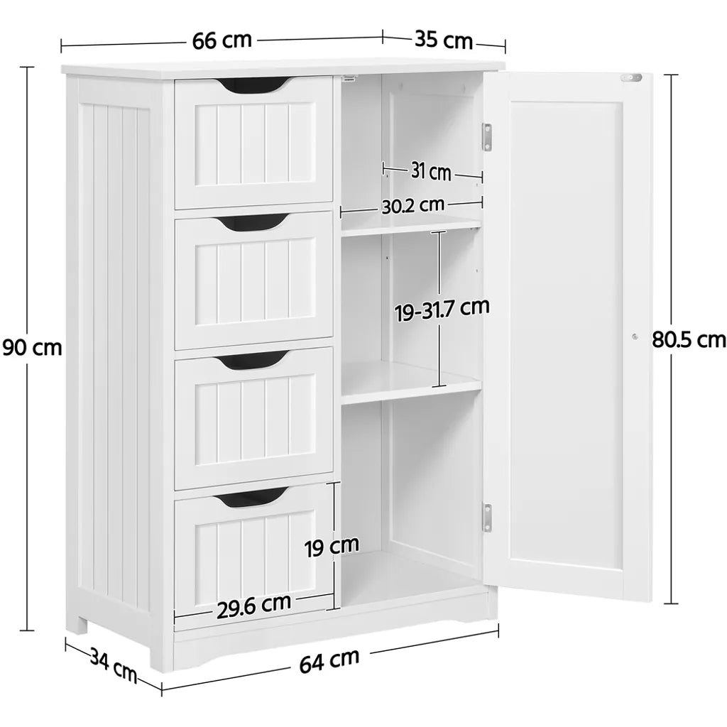Yaheetech Badezimmerschrank mit 4 Schubladen und verstellbaren Einlegeböden – Weiß – 66 x 35 x 90 cm