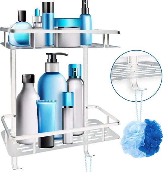 Happy Goods 2-stöckiges Duschregal ohne Bohren - Badezimmerregal - Duschregal silber hängend - Inkl 2 Haken - Badezimmerzubehör - Wandregal