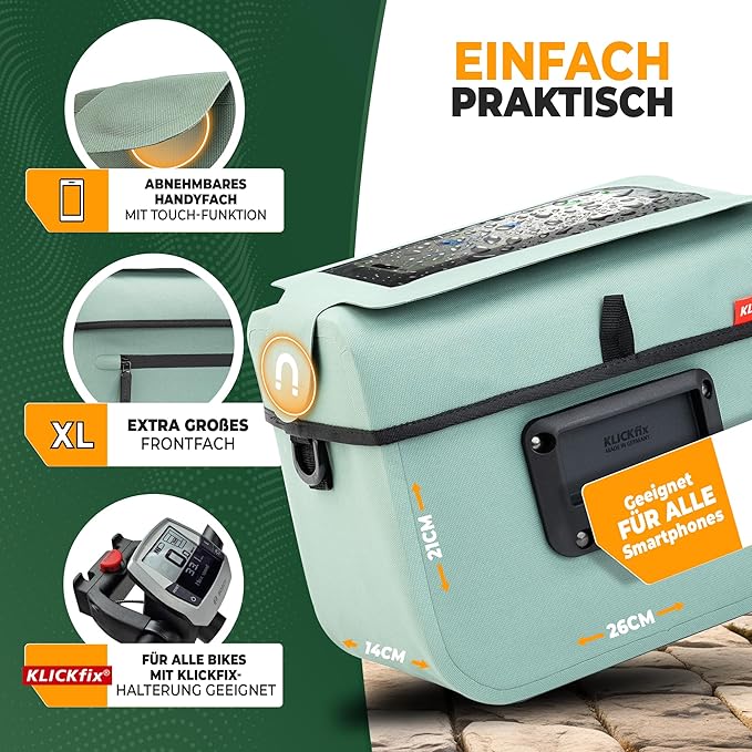 MIVELO Lenkertasche - Wasserdicht - mit Handytasche - 7 Liter - Mint