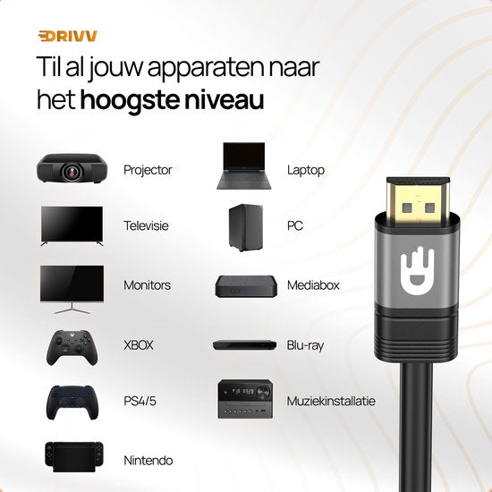 Drivv. Premium-HDMI-Kabel 2.0 – Ultra HD 4K 60 Hz – HDMI auf HDMI – Geeignet für Spielkonsolen – 10 Meter – PVC – Grau