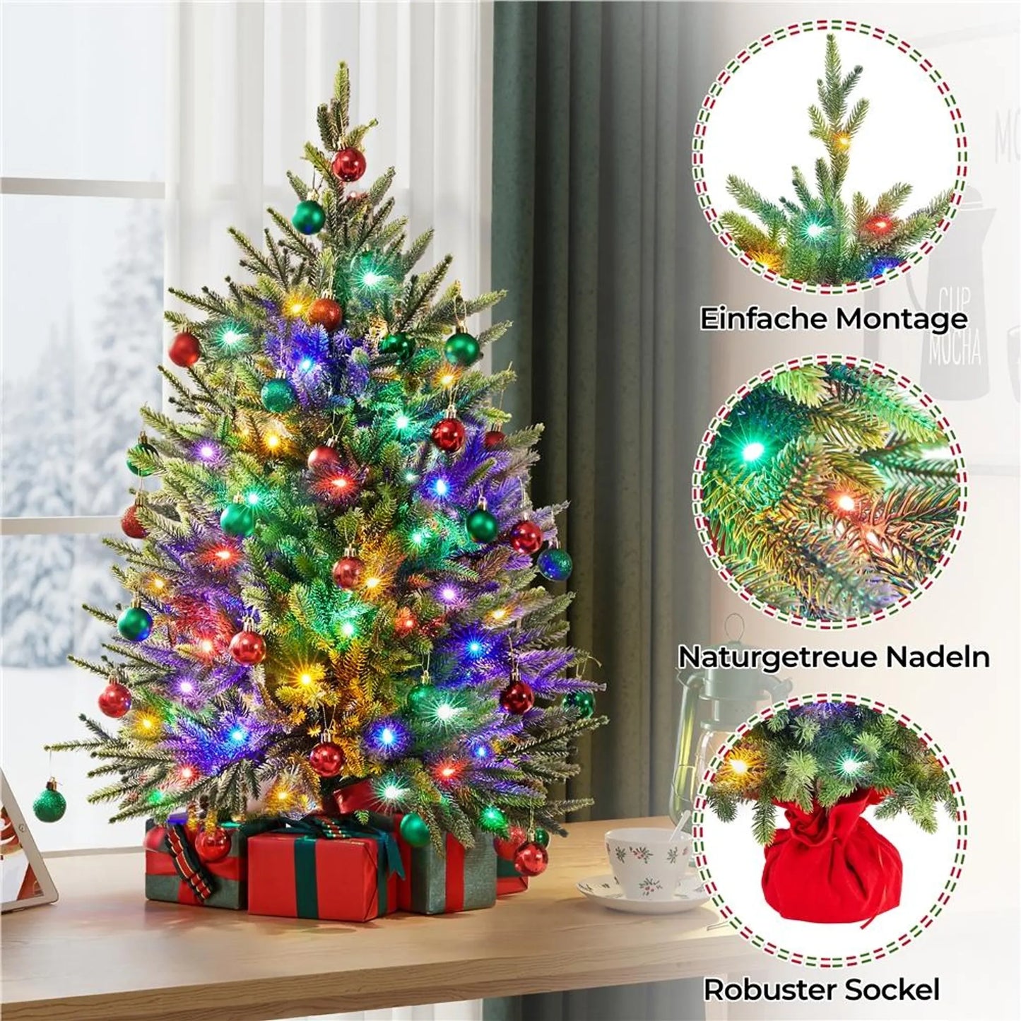 Yaheetech Künstlicher Weihnachtsbaum mit 50 farbigen Led-Lichtern - mit 143 Zweigspitzen und 8 Lichtmodi und Zementsockel - für Fensterbank und Tisch - grünes PVC und Beton - 58 x 58 x 91,5 cm