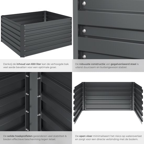 tectake - Pflanzkübel Blomma - Blumenkästen für den Außenbereich Rechteckig - Inklusive Arbeitshandschuhe - Verzinkter Stahl - Stabil und wetterfest - 120 x 100 x 56 cm - Gartenbeet für Kräuter, Gemüse und Blumen - Anthrazit